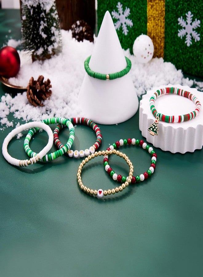Sfoni 7Pcs Christmas Beaded Bracelet, Preppy Heishi Bracelets MERRY Letter Stack Vinyl Disc Beads Surfer Stretch Bracelet XMAS Party Decor Festive Cosplay Jewelry Gifts for Her Him, Green - Image 4